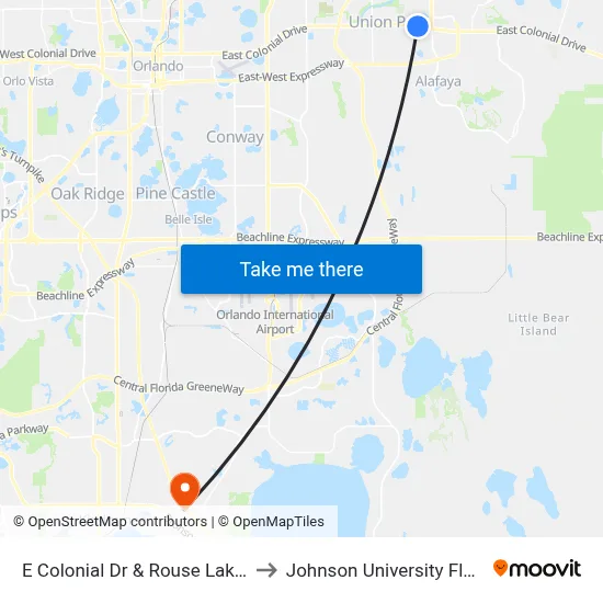 E Colonial Dr & Rouse Lake Rd to Johnson University Florida map