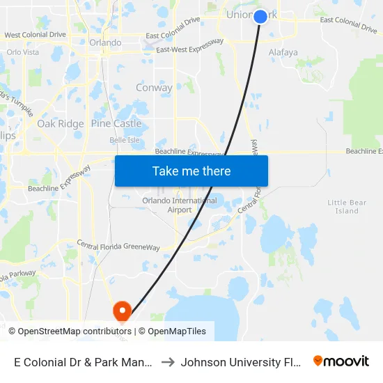 E Colonial Dr & Park Manor Dr to Johnson University Florida map