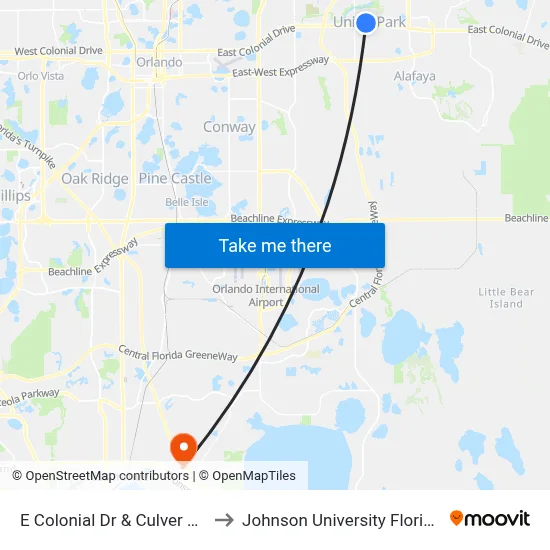E Colonial Dr & Culver Rd to Johnson University Florida map