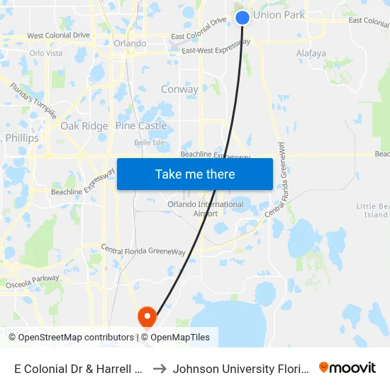 E Colonial Dr & Harrell Rd to Johnson University Florida map