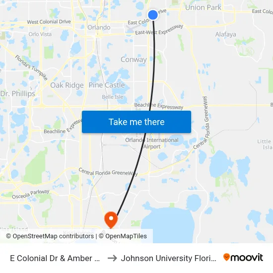E Colonial Dr & Amber Rd to Johnson University Florida map