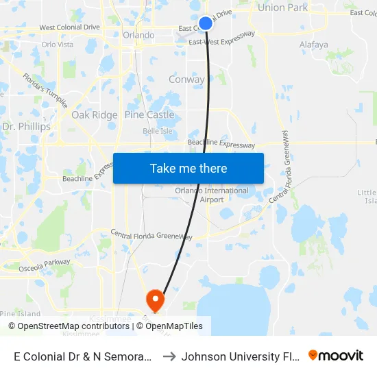 E Colonial Dr & N Semoran Blvd to Johnson University Florida map