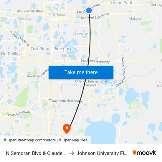 N Semoran Blvd & Claude Ave to Johnson University Florida map