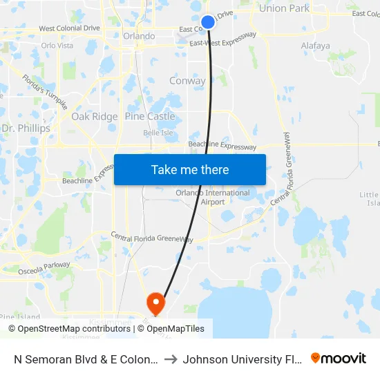 N Semoran Blvd & E Colonial Dr to Johnson University Florida map