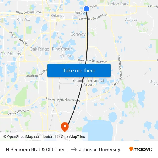 N Semoran Blvd & Old Cheney Hwy to Johnson University Florida map