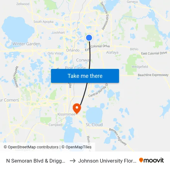 N Semoran Blvd & Driggs Dr to Johnson University Florida map