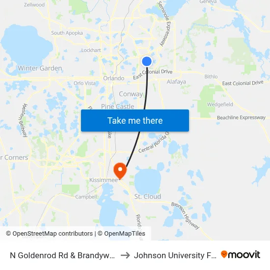N Goldenrod Rd & Brandywood Cir to Johnson University Florida map