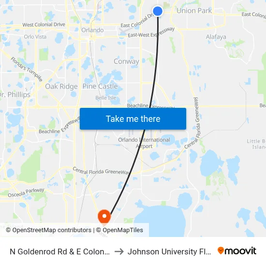 N Goldenrod Rd & E Colonial Dr to Johnson University Florida map
