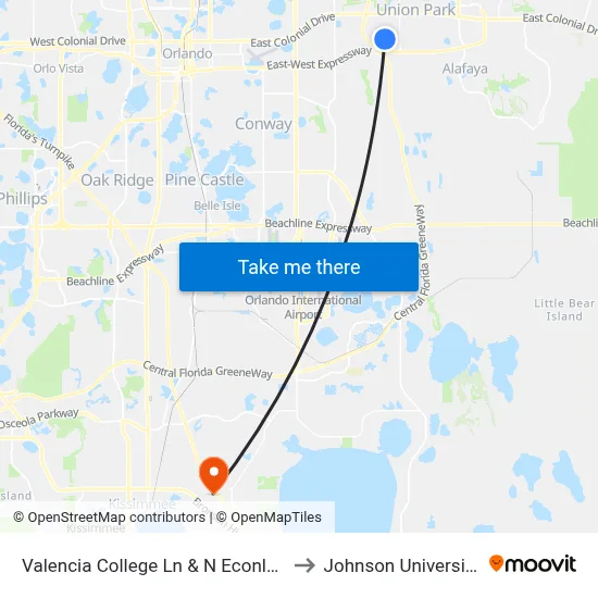 Valencia College Ln & N Econlockhatchee Trl to Johnson University Florida map