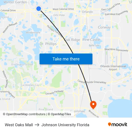 West Oaks Mall to Johnson University Florida map