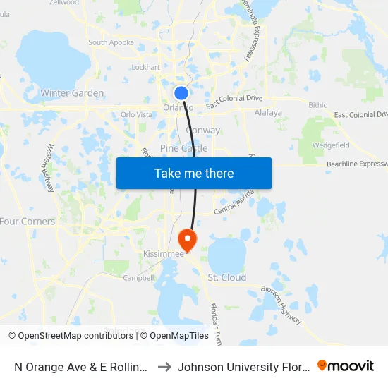 N Orange Ave & E Rollins St to Johnson University Florida map