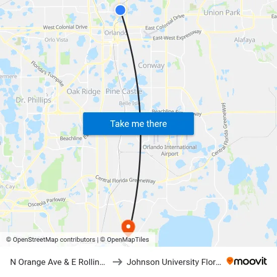 N Orange Ave & E Rollins St to Johnson University Florida map