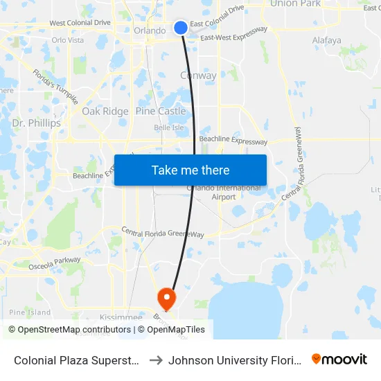 Colonial Plaza Superstop to Johnson University Florida map
