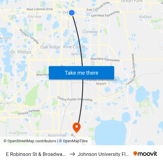 E Robinson St & Broadway Ave to Johnson University Florida map