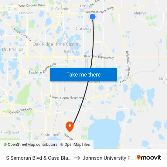S Semoran Blvd & Casa Blanca Ln to Johnson University Florida map