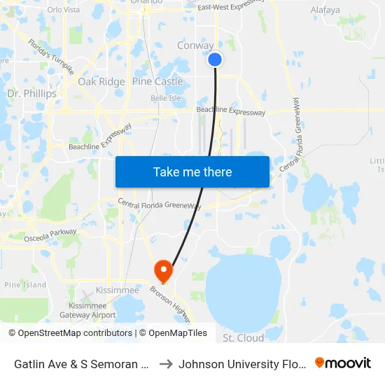 Gatlin Ave & S Semoran Blvd to Johnson University Florida map