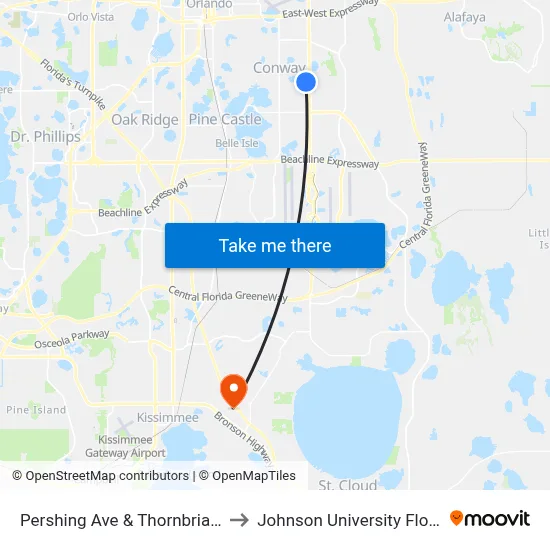 Pershing Ave & Thornbriar Ln to Johnson University Florida map