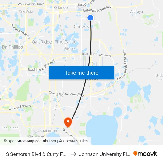 S Semoran Blvd & Curry Ford Rd to Johnson University Florida map