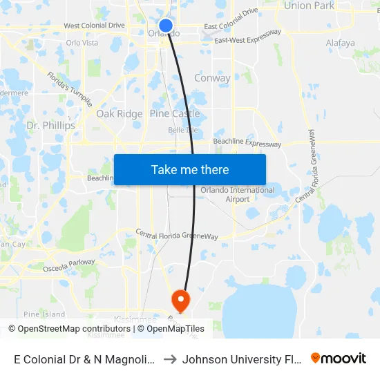 E Colonial Dr & N Magnolia Ave to Johnson University Florida map