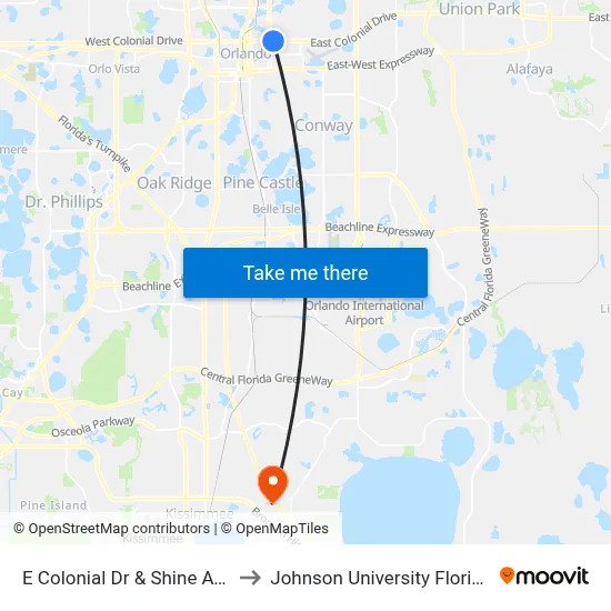 E Colonial Dr & Shine Ave to Johnson University Florida map