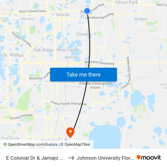 E Colonial Dr & Jamajo Blvd to Johnson University Florida map