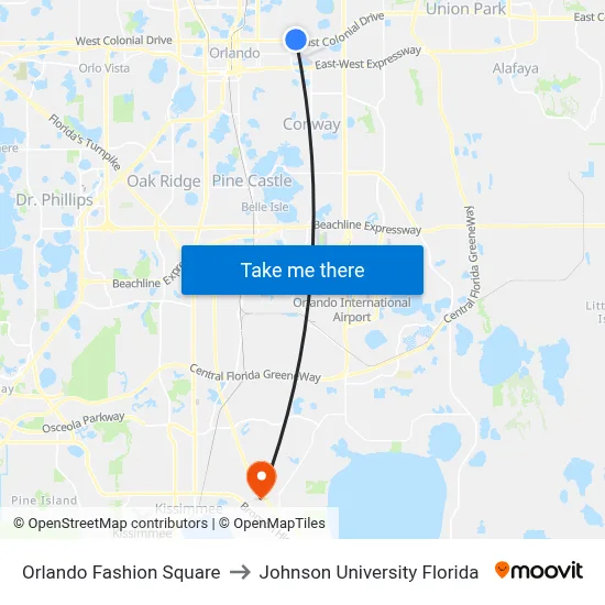 Orlando Fashion Square to Johnson University Florida map