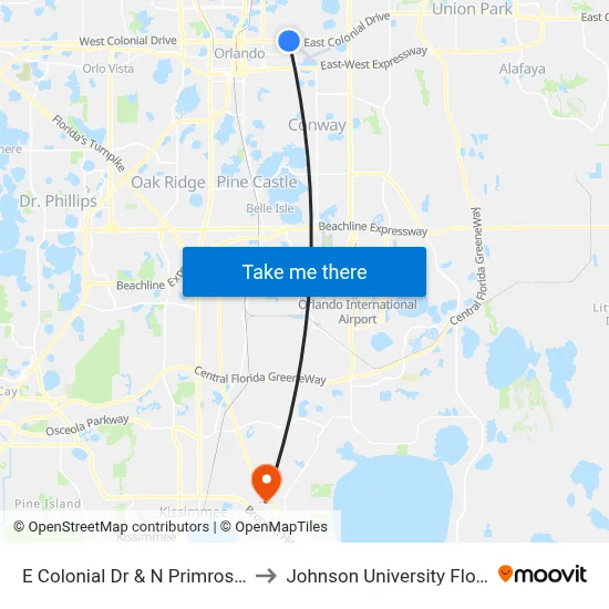 E Colonial Dr & N Primrose Dr to Johnson University Florida map