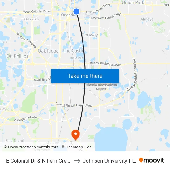 E Colonial Dr & N Fern Creek Ave to Johnson University Florida map