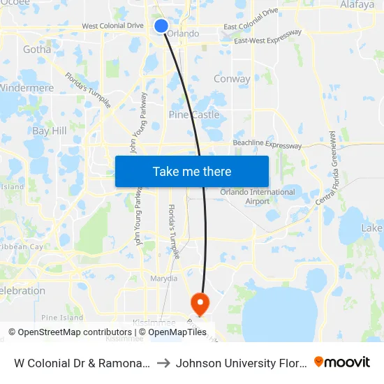 W Colonial Dr & Ramona Ln to Johnson University Florida map