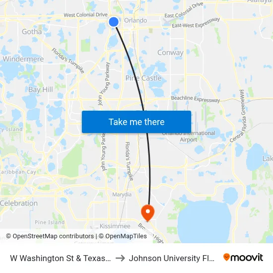 W Washington St & Texas Ave to Johnson University Florida map