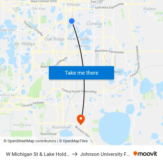 W Michigan St & Lake Holden Ter to Johnson University Florida map