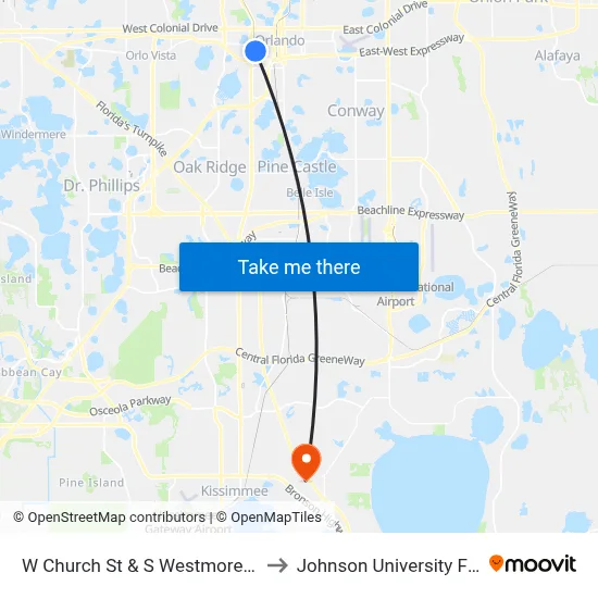 W Church St & S Westmoreland Dr to Johnson University Florida map