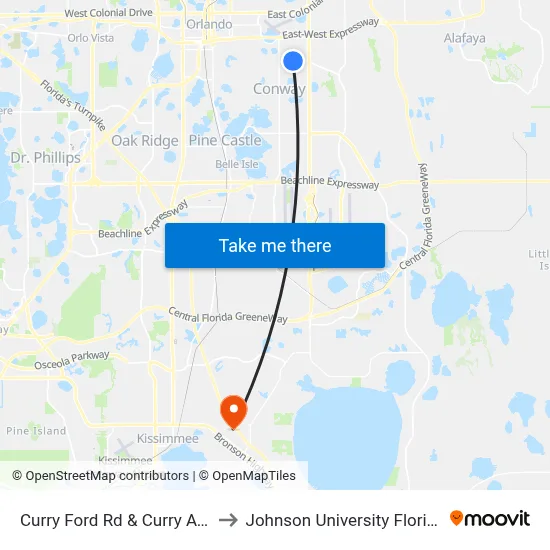 Curry Ford Rd & Curry Ave to Johnson University Florida map