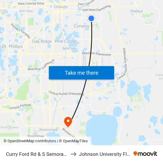 Curry Ford Rd & S Semoran Blvd to Johnson University Florida map