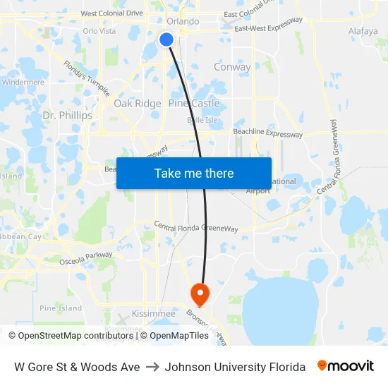 W Gore St & Woods Ave to Johnson University Florida map