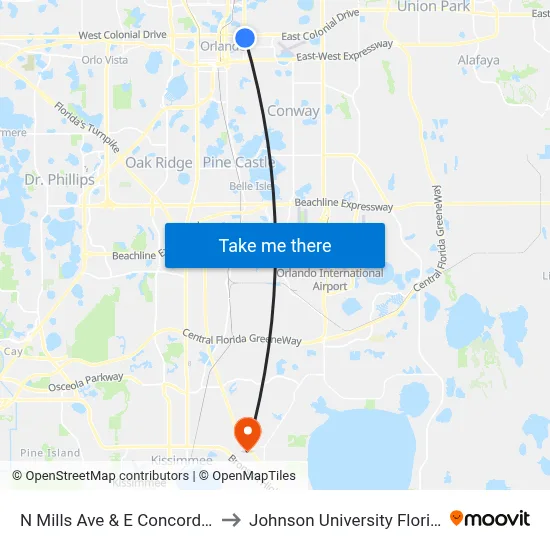 N Mills Ave & E Concord St to Johnson University Florida map
