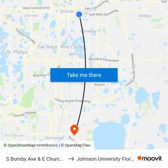 S Bumby Ave & E Church St to Johnson University Florida map
