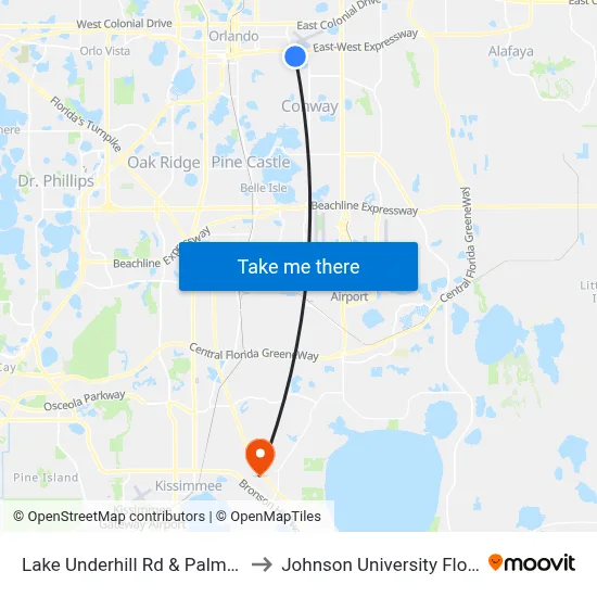 Lake Underhill Rd & Palmer St to Johnson University Florida map
