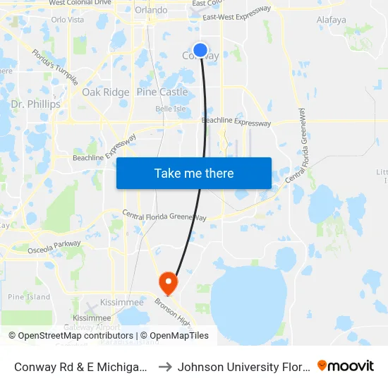 Conway Rd & E Michigan St to Johnson University Florida map