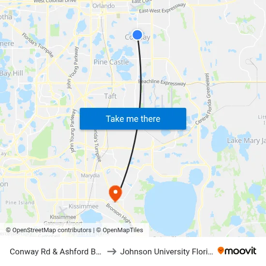 Conway Rd & Ashford Blvd to Johnson University Florida map