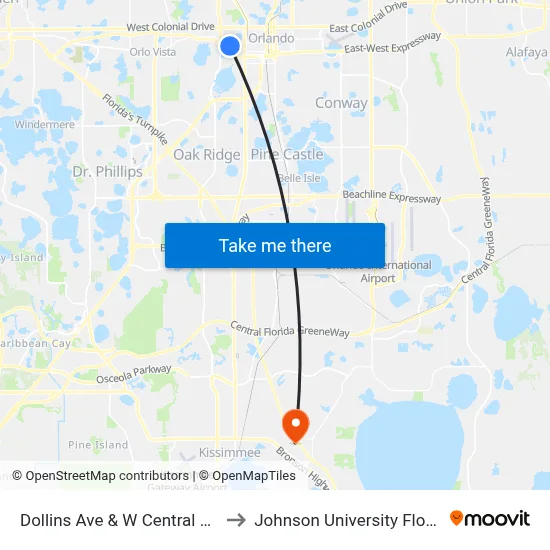 Dollins Ave & W Central Blvd to Johnson University Florida map