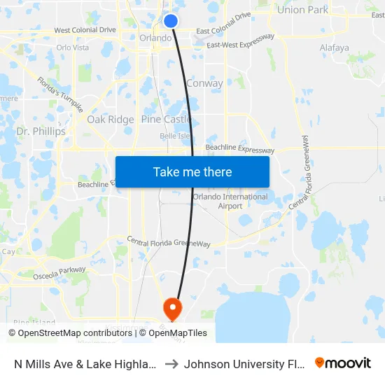 N Mills Ave & Lake Highland Dr to Johnson University Florida map