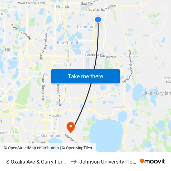 S Oxalis Ave & Curry Ford Rd to Johnson University Florida map