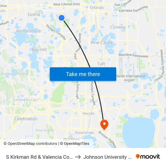 S Kirkman Rd & Valencia College Dr to Johnson University Florida map