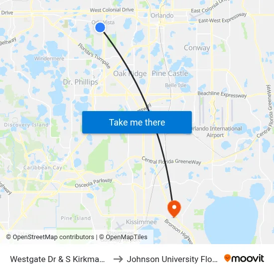 Westgate Dr & S Kirkman Rd to Johnson University Florida map