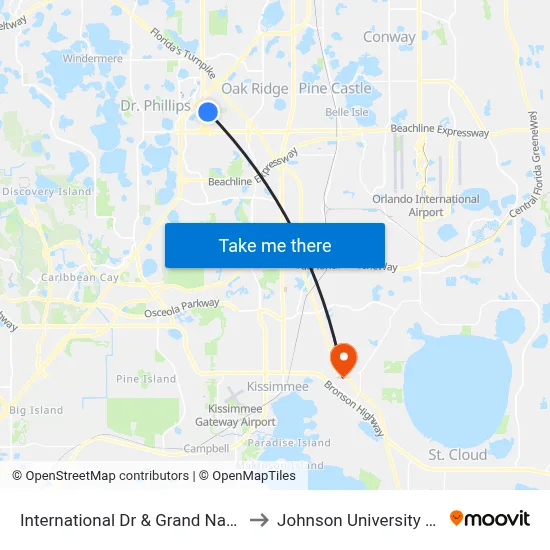 International Dr & Grand National Dr to Johnson University Florida map