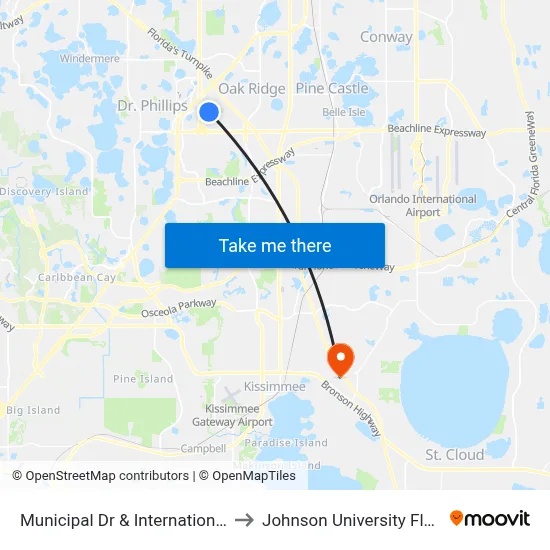 Municipal Dr & International Dr to Johnson University Florida map