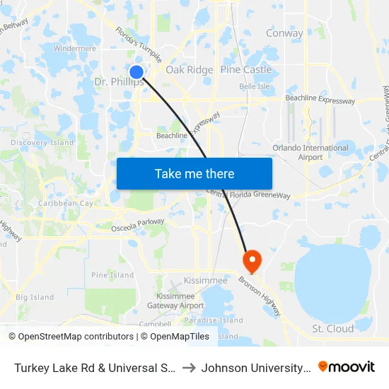 Turkey Lake Rd & Universal Studios Plz to Johnson University Florida map