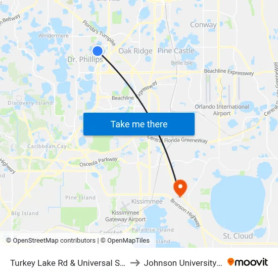Turkey Lake Rd & Universal Studios Plz to Johnson University Florida map
