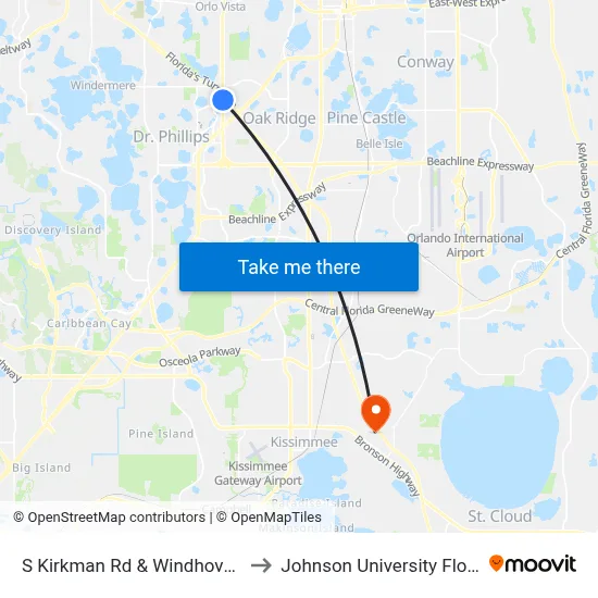 S Kirkman Rd & Windhover Dr to Johnson University Florida map